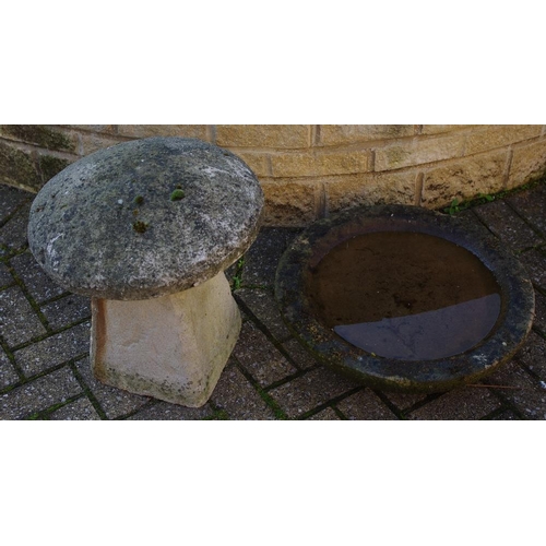 335 - A reconstituted stone staddle stone; a stone bird bath. (2)