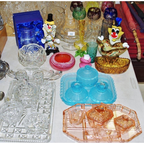 342 - Glassware - a Murano glass clown bowl, a Murano standing clown; Whitefriars type spill vase; studio ... 