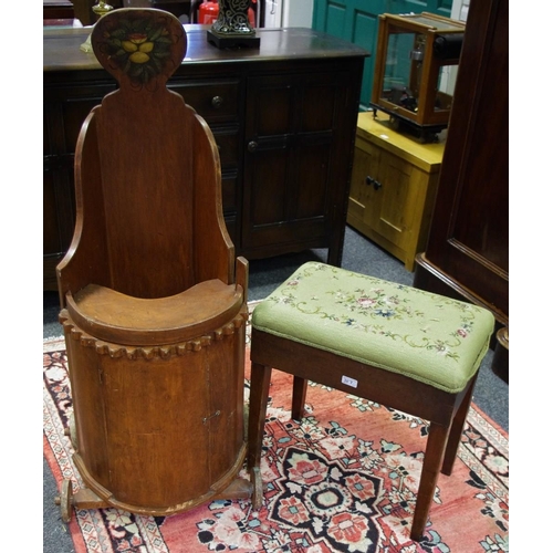 357 - An unusual farmhouse pine child's high chair, cupboard to shaped base; a mahogany bidet (2