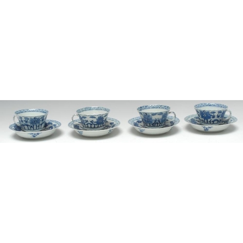 482 - A set of four 18th century Chinese porcelain teacups and saucers, decorated in underglaze blue with ... 