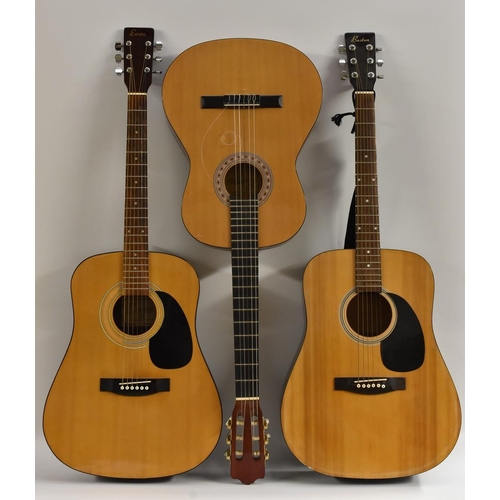 3025 - Two 'Encore' six string acoustic guitars, model No. W250, and model No. ENC44; another, an acoustic ... 