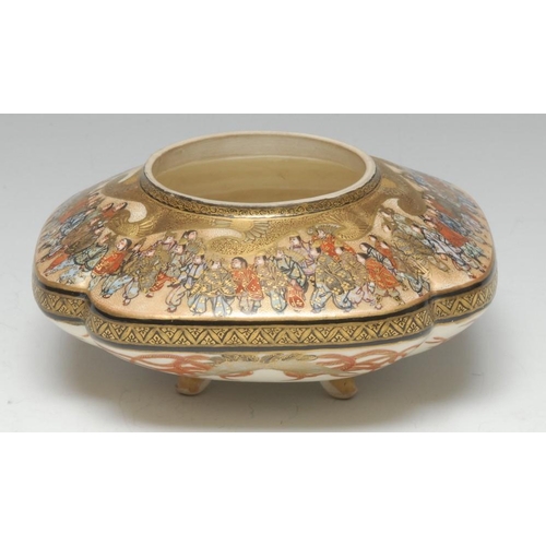 493 - A Japanese Satsuma koro, decorated with many figures in colours picked out in gilt, 13.5cm wide, sea... 