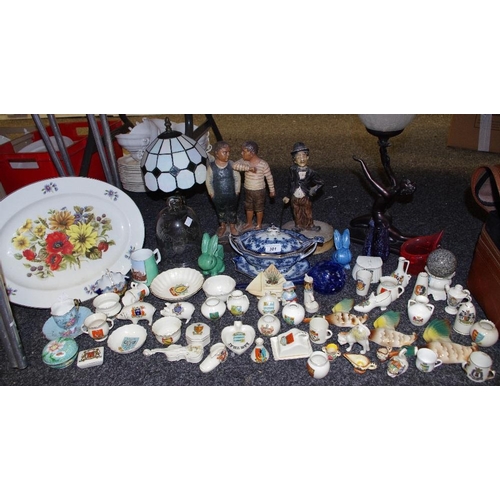 381 - Crested ware including Goss, Carlton, Arcadian, various coal scuttle, pin dishes, vases, pigs etc; B... 