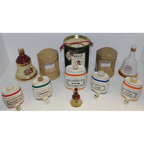 45 - Bells Old Scotch Whisky Christmas 1991 & 1996 bells, full; Wade barrel decanters; etc.