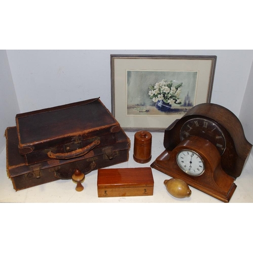 46 - A Sheraton Revival walnut mantel clock, typically inlaid; two small leather suitcases; clocks; E. Ch... 