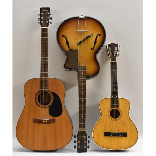 3047 - An Encore W255 model acoustic guitar, length of soundboard 50.5cm, total length 103.5cm; an f-hole g... 