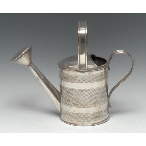 528 - An unusual E.P.N.S horticulturalist's watering can, engine turned and monogrammed, 25.5cm high, c.19... 