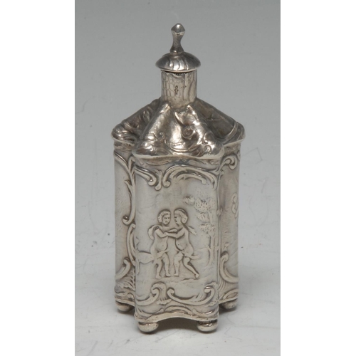 565 - A 19th century Dutch silver pentafoil scent bottle, embossed with frolicking figures amongst Rococo ... 