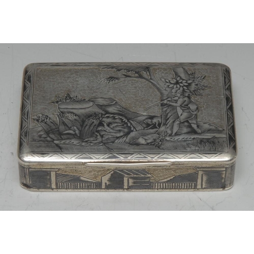 566 - A 19th century Russian silver and niello rounded rectangular snuff box, hinged cover decorated with ... 