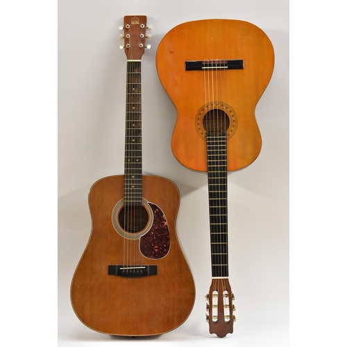 3085 - A Hondo, H124A model, acoustic guitar, mahogany soundboard, sides, and back. Length of soundboard 50... 