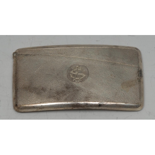 572 - A Chinese silver curved rounded rectangular visiting card case, textured overall and centred by a ci... 