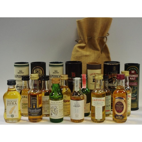 9 - Nineteen miniature whiskies including OBAN 14 year, Aberlour, Laphroaic, Bushmills, Highland Park, e... 