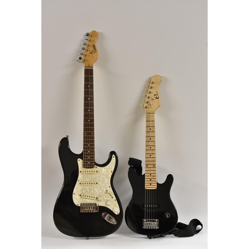 3108 - An Encore Stratocaster type electric guitar in gloss black finish with mother-of-pearl effect pickgu... 