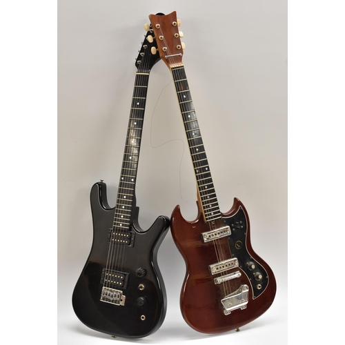 3122 - A Stratocaster type electric guitar, gloss black finish, cased; and another two electric guitars (3)