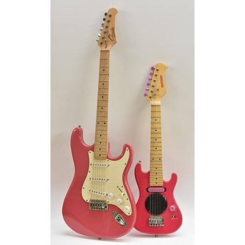 3126 - A Gould Stratocaster type electric guitar, gloss pink finish with white pickguard, maple neck; and a... 