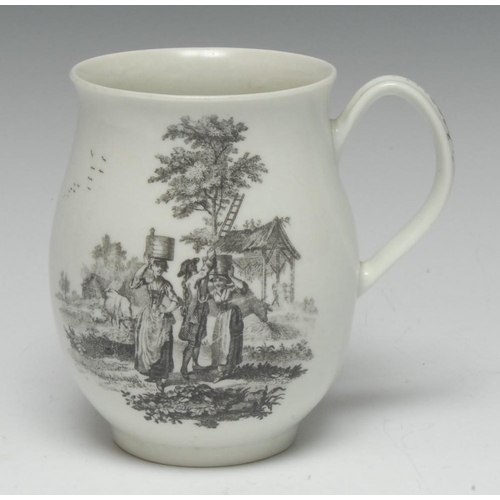 64 - A Worcester Milkmaids and Mayday pattern bowed baluster mug, printed in monochrome with an engraving... 