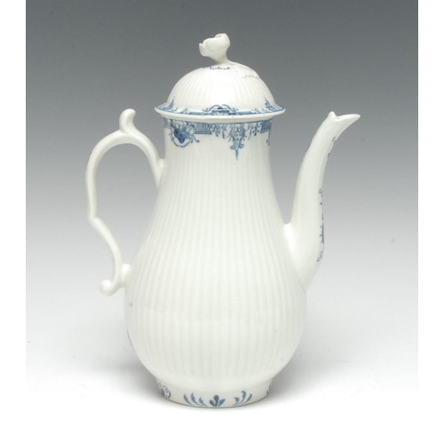 66 - A Worcester fluted pear shaped coffee pot and cover, the borders painted in underglaze blue with flo... 