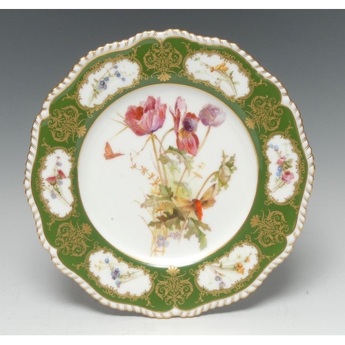 76 - A Royal Worcester shaped circular plate, painted possibly by Edward Raby, with wild flowers and moth... 