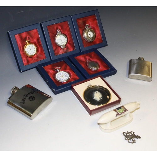 5240 - Boxes and Objects - a silver marcasite floral brooch, quartz pocket watches, hip flasks, etc