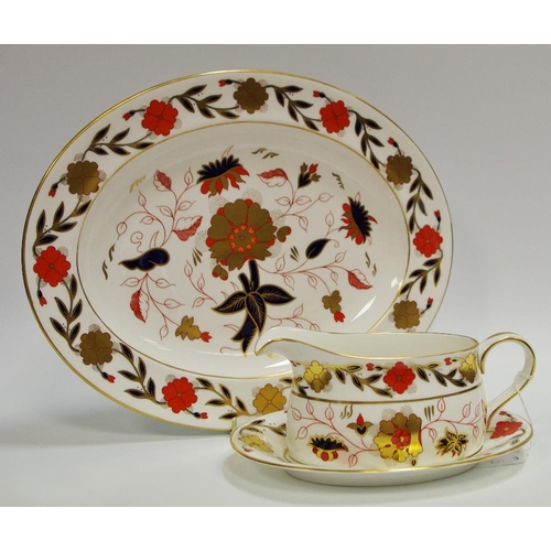 11 - A Royal Crown Derby Bali oval serving plate, sauceboat and stand, all first quality (3)