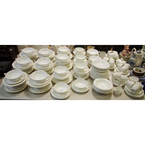 113 - White tea and dinner ware including assorted two handled soup bowls, dessert dishes and plates, teac... 