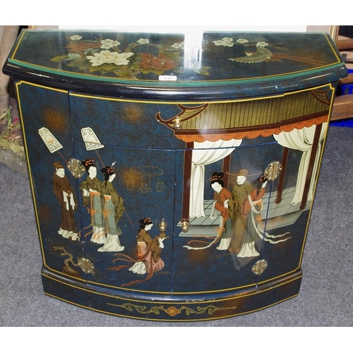 130 - A 20th century bow fronted hall cupboard chinoiserie lacquered