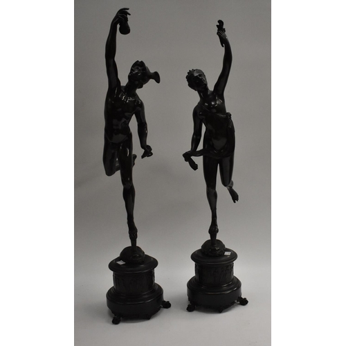 131 - After Giambologna (Italian 19th century), a pair of dark patinated Grand Tour bronzes, Mercury and F... 