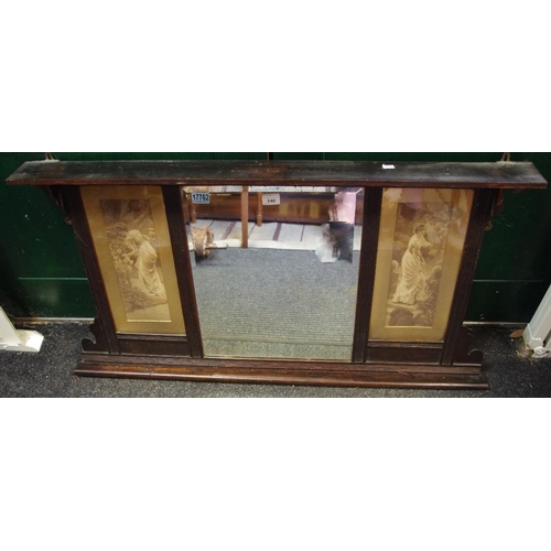 140 - An oak overmantel mirror, rectangular bevel edge glass flanked by sepia prints of a lady in a garden... 