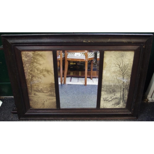 146 - An early 20th century wall mirror, oak frame, rectangular glass flanked by sepia prints of country s... 