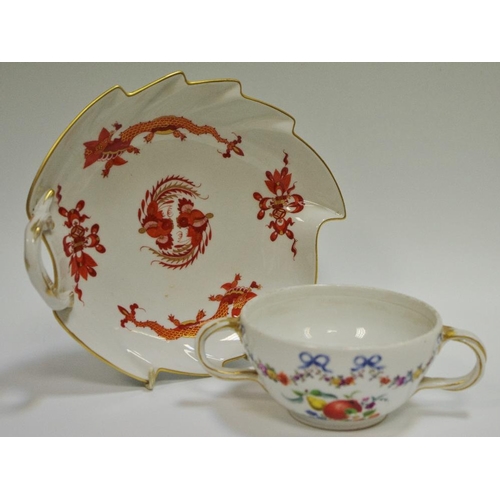 15 - A Meissen leaf shaped dish,  painted with a red dragons, gilt line rim, rustic loop handle, 21cm wid... 