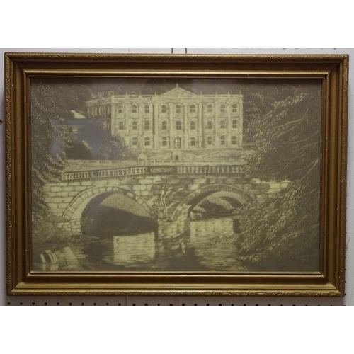 156 - E B Grange, local interests, Chatsworth House, Bridges and Trees, engraved glass panel, signed, date... 