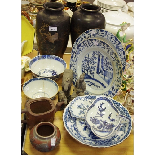 171 - An 18th century Chinese blue and white plate c.1770; a Yixing terracotta teapot, etc