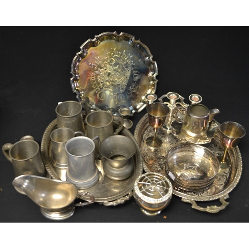 5357 - Metalware - a silver plated galleried tray; a plated candlestick; a pewter tankard; others, similar;... 