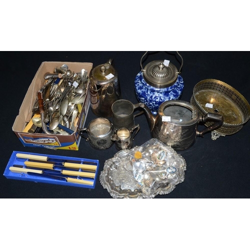 5359 - Metalware - Victorian plated teaware; flatware; souvenir spoons; biscuit barrel; silver cane handle;... 