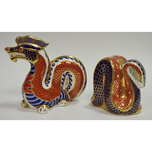 30 - Royal Crown Derby paperweight, Dragon; another, Serpent, gold stoppers (2)