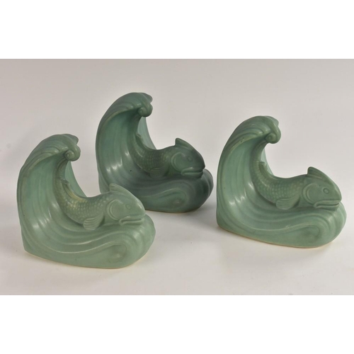 Pair Langley Art Deco Fish and Wave Art Pottery Bookends For Sale