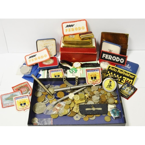 301 - Various early 20th century coins, mainly foreign; sport badges; Parker fountain pen, another ball po... 