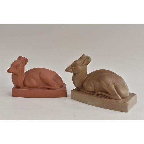 3113 - A Wedgwood recumbent Duiker deer, designed by John Skeaping, in mottled brown, shaped rectangular ba... 