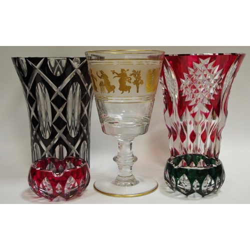 43 - Decorative Glass - two substantial coloured glass vases; similar bowls; clear glass oversized trophy... 