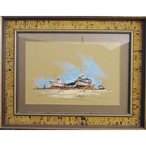 129 - Michael Barnfather (1934 - ) Fuengarola Beach Boats signed, dated 76, gouache, 78.5cm x 43cm