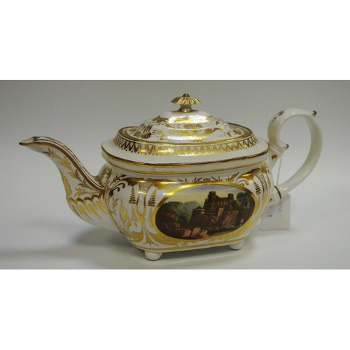 5 - A Derby Named View boat shaped teapot and cover, painted possibly by Daniel Lucas, with View in Germ... 