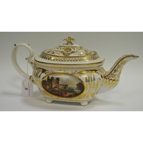 5 - A Derby Named View boat shaped teapot and cover, painted possibly by Daniel Lucas, with View in Germ... 