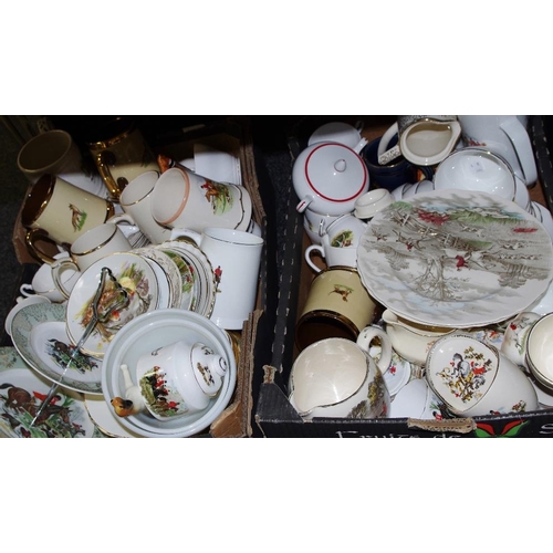 172 - Ceramics - Tankards, tea and dinnerware, jugs, cake stand, etc. decorated with hunting scenes. large... 