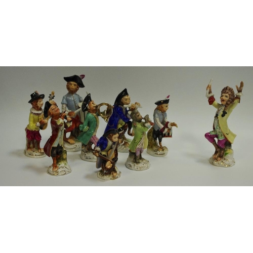 8 - A nine piece Meissen style Monkey band, conductor, Drummer, Bassist, flutist, guitarist and musician... 