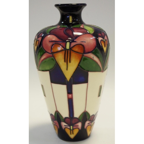 87 - A contemporary Moorcroft pansy pattern tapering ovoid vase, tubelined with stylised flowers, in colo... 