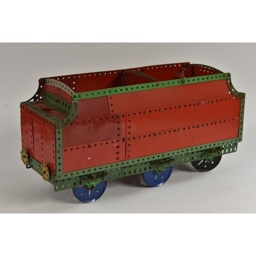 3106 - Meccano Construction Toys - a built locomotive and tender, red and green body, push a long action, s... 