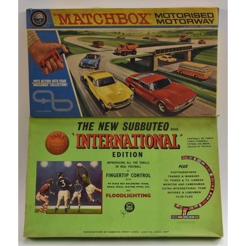 3117 - Toys and Juvenalia - Subbuteo International Edition boxed set; a Matchbox Motorised M-2 Motorway box... 