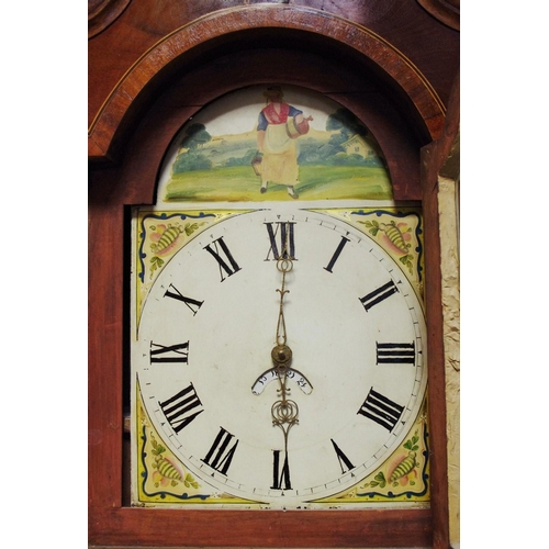 386 - A 19th century oak longcase, the painted dial with Roman numerals, date ring, the hood with swan nec... 