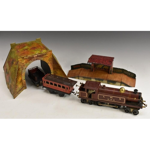 3141 - O Gauge - a 1920s Hornby clockwork 4-4-4 locomotive, LMS maroon livery, double rod control, with key... 