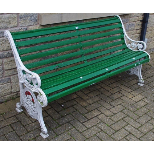 485 - Garden Furniture - a cast iron and wooden bench, the ends cast with Greek key border with Yorkshire ... 